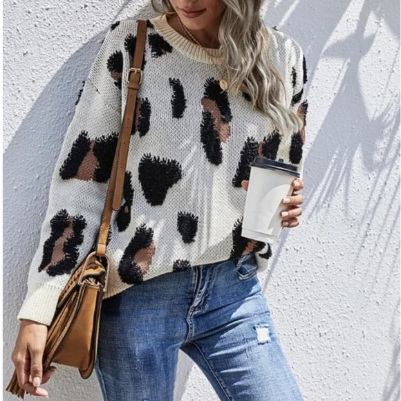 Leopard Ivory Drop Shoulder Crew Neck Sweater - Picture 2 of 7